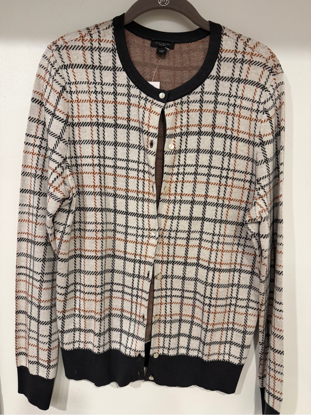 Ann Taylor Factory Black, Cream & Brown Plaid Button-Front Cardigan